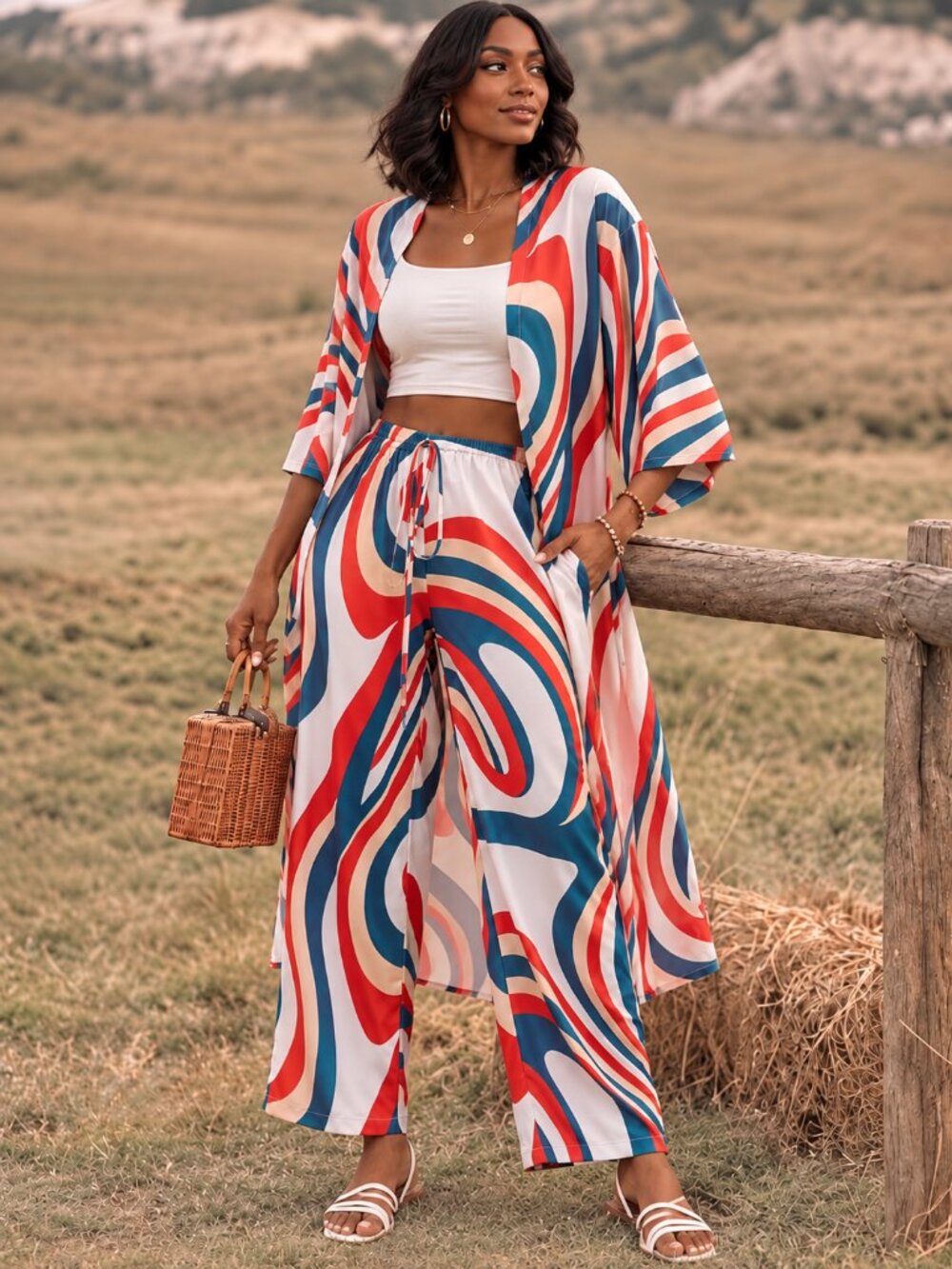 Crane Print Kimono Wide Leg Pants 2 Piece Resort Set XXL